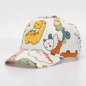 Close-up of white cotton baseball cap with colorful cartoon dinosaur prints for kids