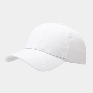 Macro detail of breathable white quick-dry polyester baseball cap with reinforced stitching