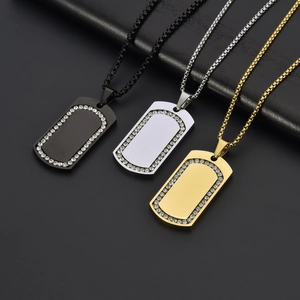 Men's titanium steel military dog tag pendant necklaces with diamonds in black, gold, and silver