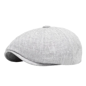Classic grey linen newsboy cap with breathable fabric and vintage British style for men and women