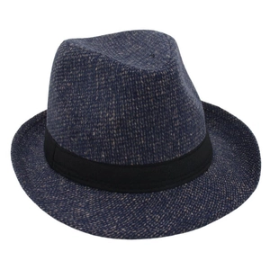 Detail view of navy blue fedora hat featuring a premium woven texture and black ribbon band