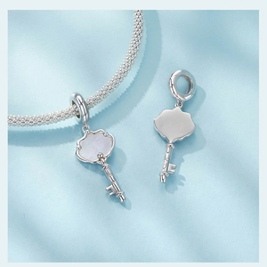 Gros plan de pendentifs clés en argent avec nacre sur un bracelet à maille serpent