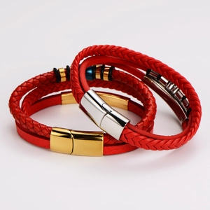 Multilayer red braided leather bracelet set for men with magnetic stainless steel clasps
