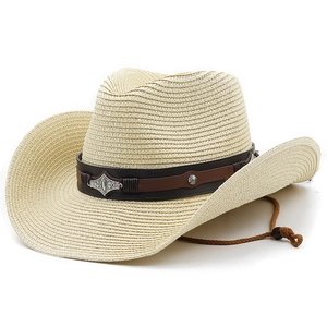 Western style cream straw cowboy hat with brown leather band and metallic accents