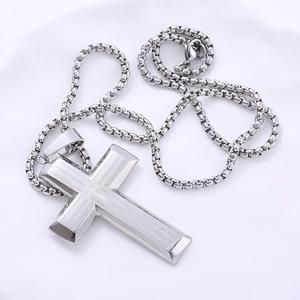 Silver stainless steel cross necklace with engraved Lord's Prayer on a box chain