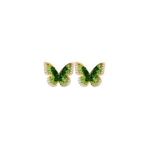 18k gold plated butterfly stud earrings with green gradient crystals and diamonds
