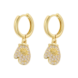 Close-up of golden Christmas glove earrings with white zircon accents on white background