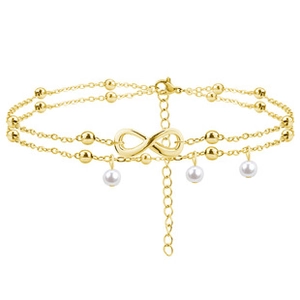 Detail of double-layer gold chain bracelet with infinity charm and pearl beads