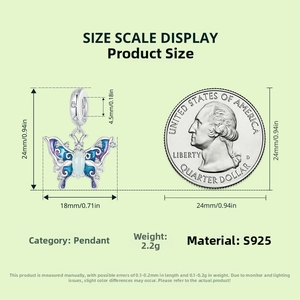 Size chart of luminous butterfly charm pendant with 24mm diameter coin for scale