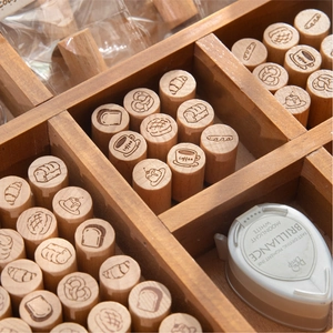 Mini bread and coffee themed wooden stamps set with a moonlight white ink pad