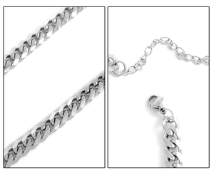 Close-up of silver Cuban chain links with adjustable lobster clasp and extension chain