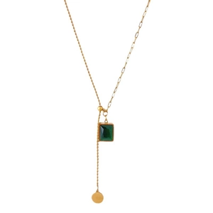 Vintage emerald green rectangle pendant necklace in 18K gold-plated stainless steel chain
