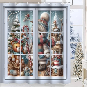 Close-up of waterproof polyester shower curtain featuring 3D Christmas snowman and bear motifs