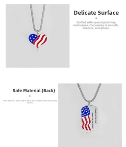Detail of 316L stainless steel US flag heart and dog tag pendants with patriotic engraving