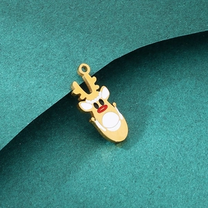 Detailed view of a gold stainless steel reindeer pendant with white and red enamel finish
