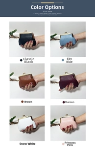 Detail showing vintage coin purses in six colors with litchi texture and metal clasp