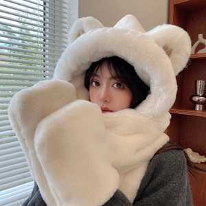 Off-white 3-in-1 plush hood scarf and gloves set with cute animal ears for women