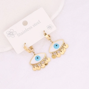 Golden stainless steel evil eye drop earrings with blue enamel and five round pendants