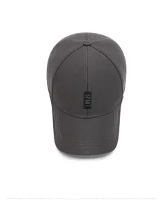 Top-down view of a dark grey sport baseball cap featuring a white SPORT woven label detail