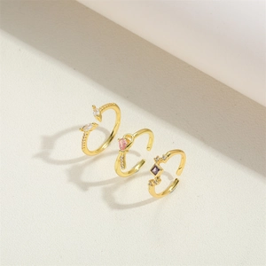 Elegant gold adjustable open rings set with square and pear-shaped colorful zircons