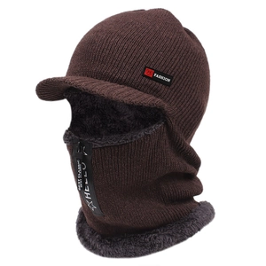 Detail of brown winter knit hat with fleece lining, integrated neck warmer and face zipper