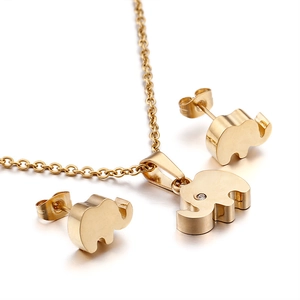 Süßer Elefant Tier Schmuck Edelstahl 18K Vergoldet Halskette Und Ohrstecker Mit Zirkonia Augen Mode