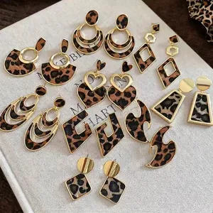 Leopard Print Geometric Dangle Earrings Retro Maillard Style Alloy With 925 Sterling Silver Earring Post