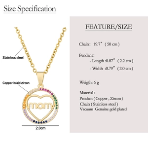 Detailed size specification chart for the gold mom heart pendant necklace with dimensions