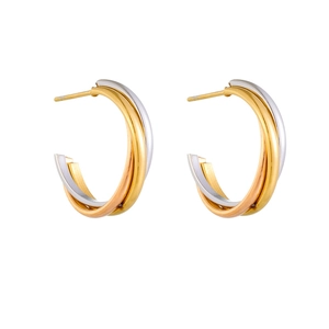 Three-tone interlocking hoop earrings in gold, silver, and rose gold stainless steel