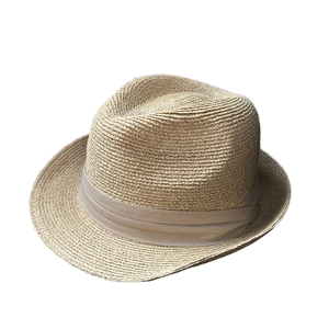Classic straw fedora hat in light brown with woven ribbon trim for summer outdoor sun protection