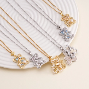 Chic bear pendant necklace set with colorful zircon and imitation pearls in gold and silver