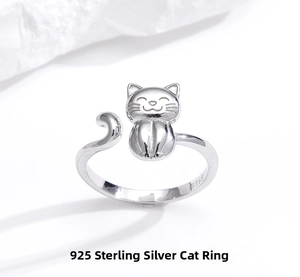 Macro shot of 925 sterling silver adjustable ring with cute cartoon cat design