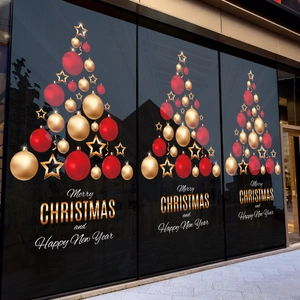 Sticker de Noël pour vitrine avec boules rouges et dorées pour décoration en verre