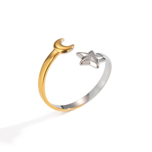 Elegant gold and silver tone stainless steel open ring with star and moon charms