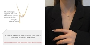 Detail of titanium steel gold moon star necklace with zirconia and chain length dimensions