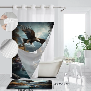 Waterproof shower curtain and non-slip bath mat set with eagle and mountain landscape