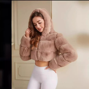 Short faux fur hooded jacket for women in brown featuring long sleeves and cropped cut