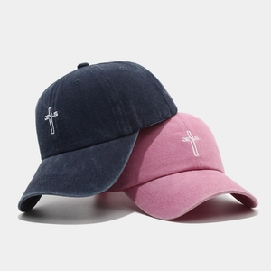 Vintage washed navy and pink baseball caps with white Jesus cross embroidery for outdoors