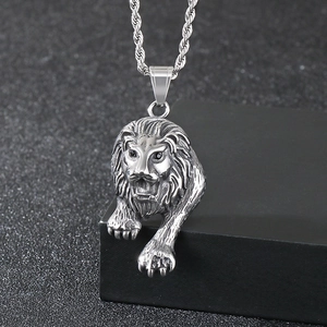 Punk style stainless steel lion head pendant necklace with red eyes and twist chain
