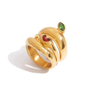 Stackable gold stainless steel ring set with red heart and green marquise zircon stones