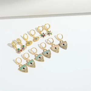 Bohemian gold triangle evil eye drop earrings with colorful enamel and zircon stones