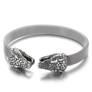 Retro stainless steel mesh bracelet featuring detailed double snake head motifs for men