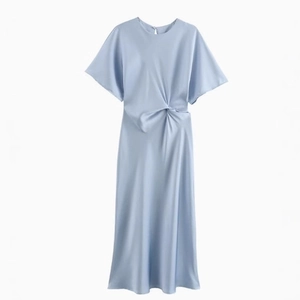 Women Light Blue Satin Maxi Dress Round Neck Short Sleeve Twist Knot Waist Elegant Satiny Texture Formal Evening Gown