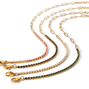 Stainless steel paperclip and zircon tennis chain bracelet in four assorted colors