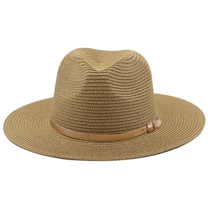 Classic wide brim straw fedora hat with brown leather band and gold buckle detail