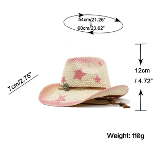 Detailed dimensions of the straw cowboy hat showing brim width and head circumference