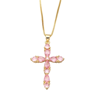 Elegant gold-tone cross necklace with pear-shaped pink crystals on a thin box chain