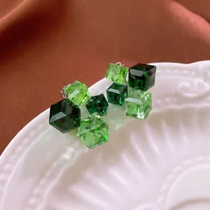 Geometric Emerald Green Crystal Cluster Stud Earrings Alloy With Silver Earring Post For Women Luxury Niche Style