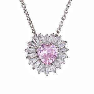 Pink heart-shaped zircon necklace with radiant halo on silver cable chain