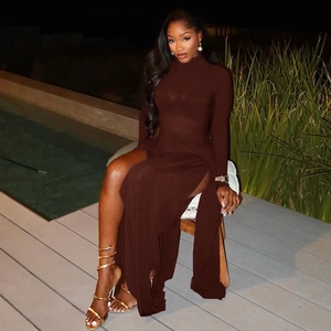 Detail of elegant dark brown long sleeve dress with high side slit and turtle neck